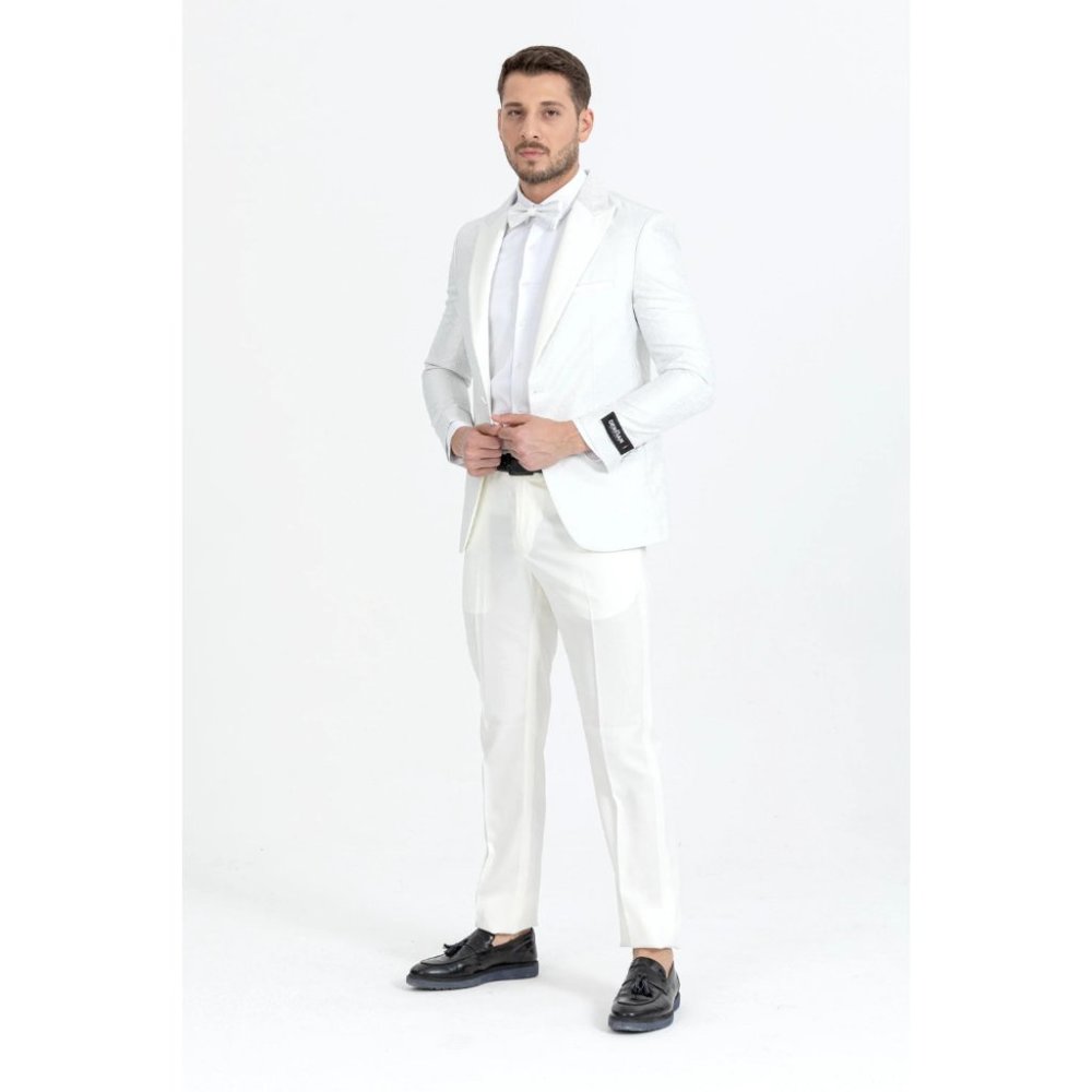 Derman White Floral Pattern Textured Fabric Tuxedo